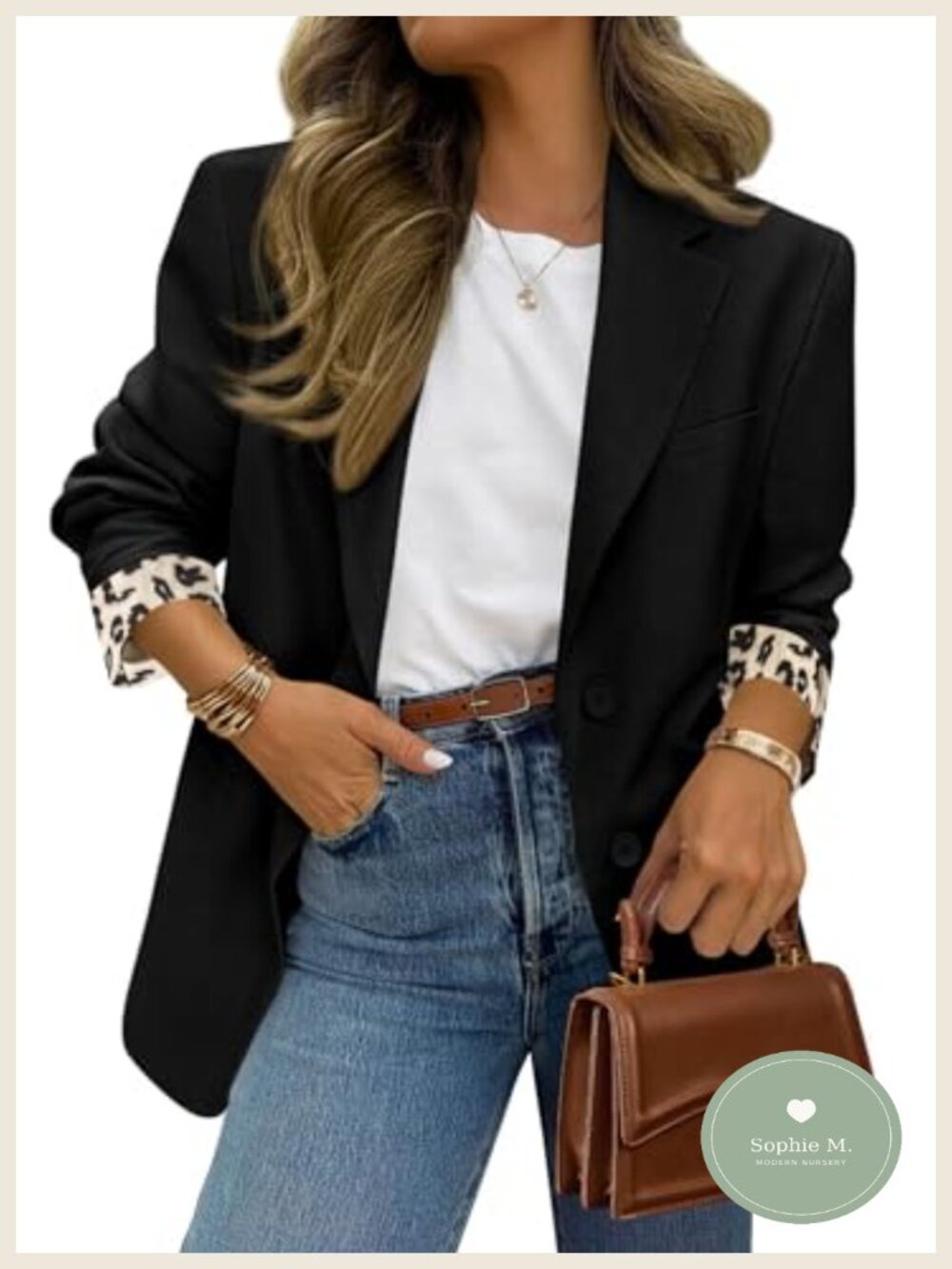 Women's Open Front Leopard Lined Blazer Long Sleeve Notch Lapel Suit Jacket
